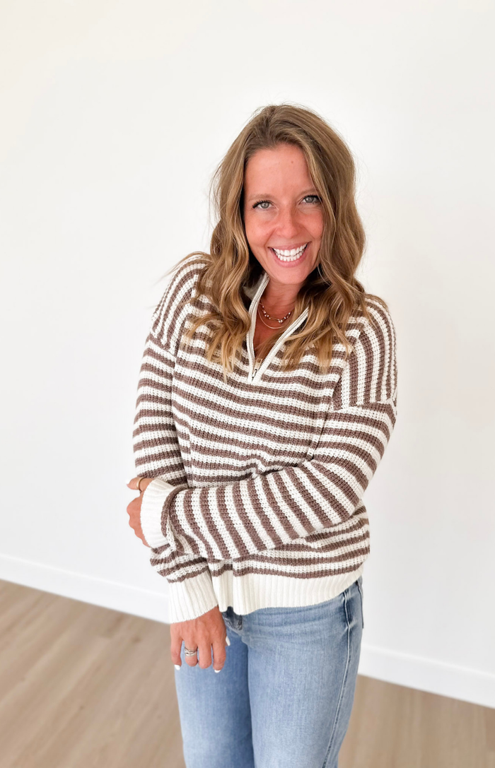 Mocha 1/2 Zip Mock Neck Striped Pullover