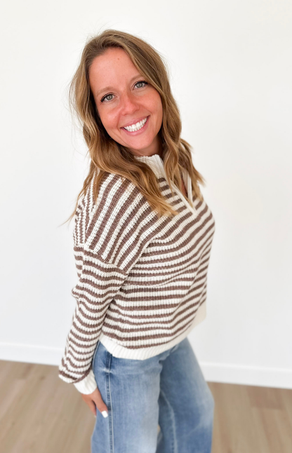 Mocha 1/2 Zip Mock Neck Striped Pullover