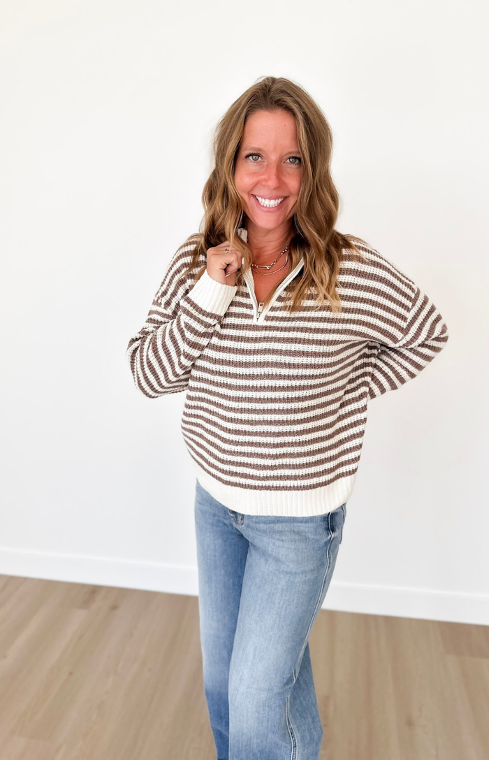 Mocha 1/2 Zip Mock Neck Striped Pullover