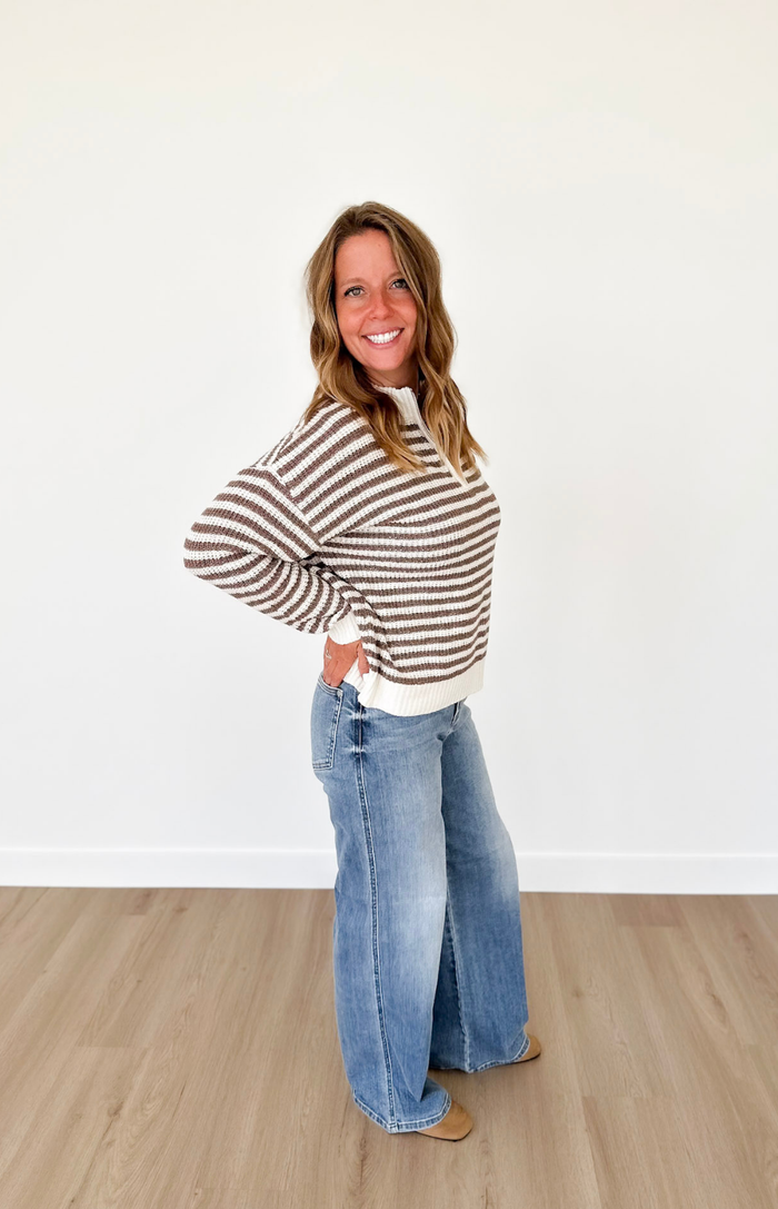Mocha 1/2 Zip Mock Neck Striped Pullover