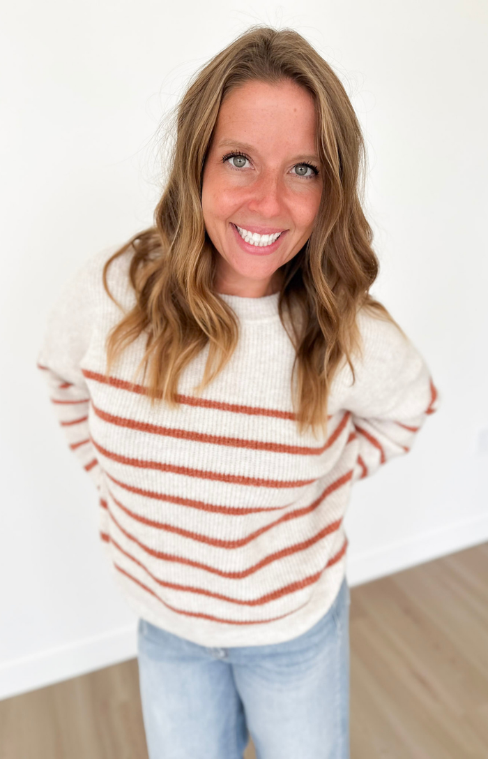 Oatmeal & Rust Ribbed Striped Knit Sweater