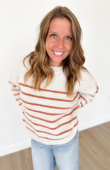 Oatmeal & Rust Ribbed Striped Knit Sweater