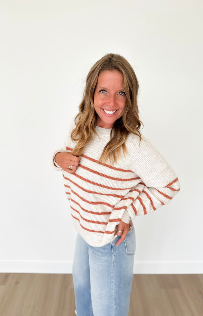 Oatmeal & Rust Ribbed Striped Knit Sweater