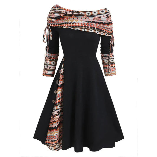 Off The Shoulder Long Sleeve Flare Dress
