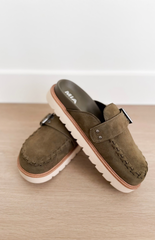Olive Suede Slip On Clog Mule