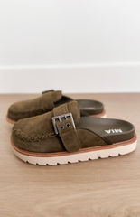 Olive Suede Slip On Clog Mule