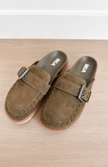 Olive Suede Slip On Clog Mule