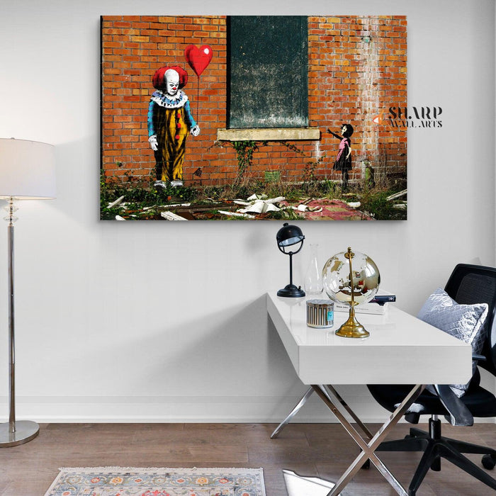 Pennywise Clown vs Banksy Girl with Balloon Wall Art Canvas - SharpWallArts