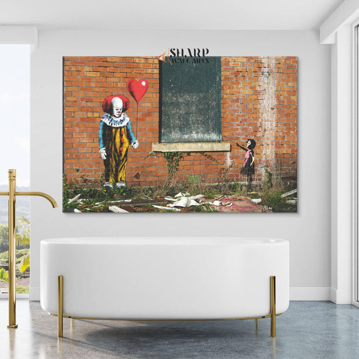 Pennywise Clown vs Banksy Girl with Balloon Wall Art Canvas - SharpWallArts