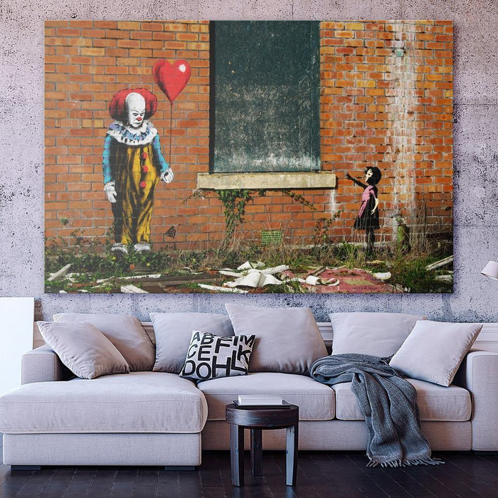 Pennywise Clown vs Banksy Girl with Balloon Wall Art Canvas - SharpWallArts