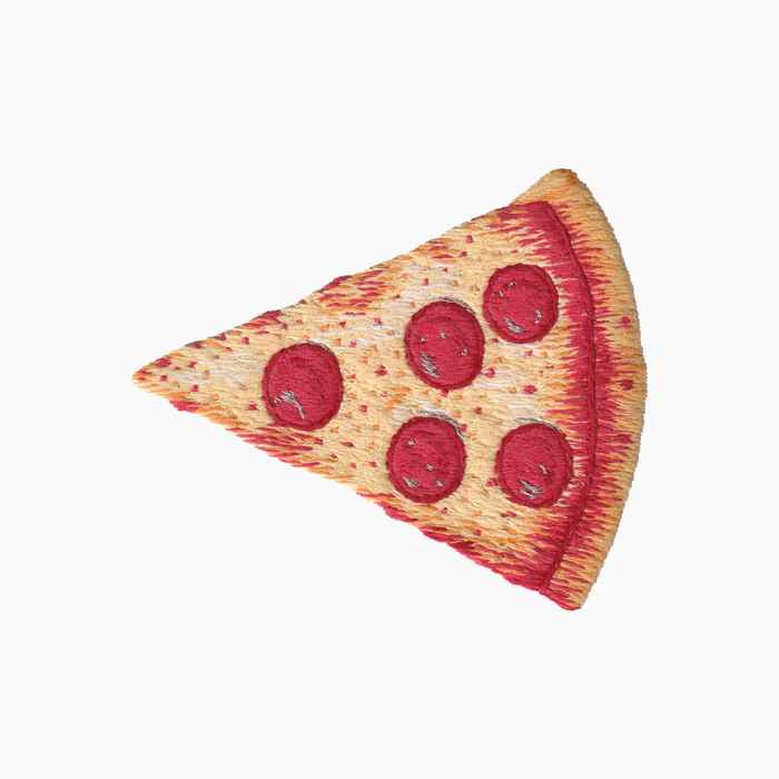 Hand embroidered cotton towel with pizza slice with pepperoni and cheese on a white background