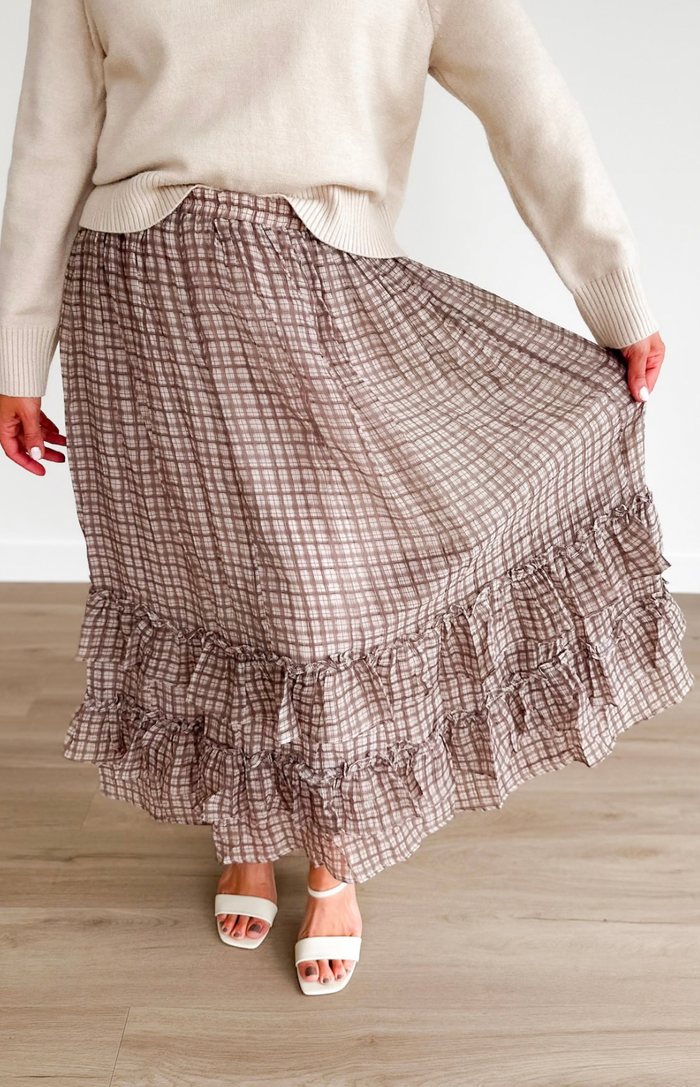 Plaid Ruffle Tiered Midi Skirt