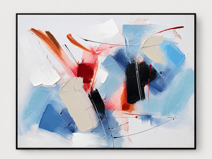 Primary brushstroke abstract canvas in a black frame