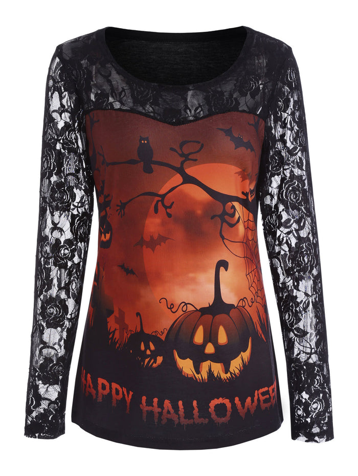 Pumpkin Happy Halloween Lace Sleeve Top