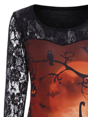 Pumpkin Happy Halloween Lace Sleeve Top