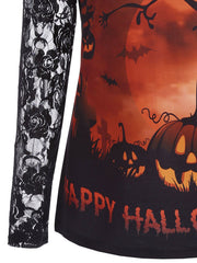 Pumpkin Happy Halloween Lace Sleeve Top