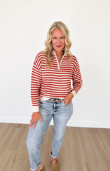 Rust 1/2 Zip Mock Neck Striped Pullover