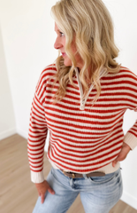 Rust 1/2 Zip Mock Neck Striped Pullover