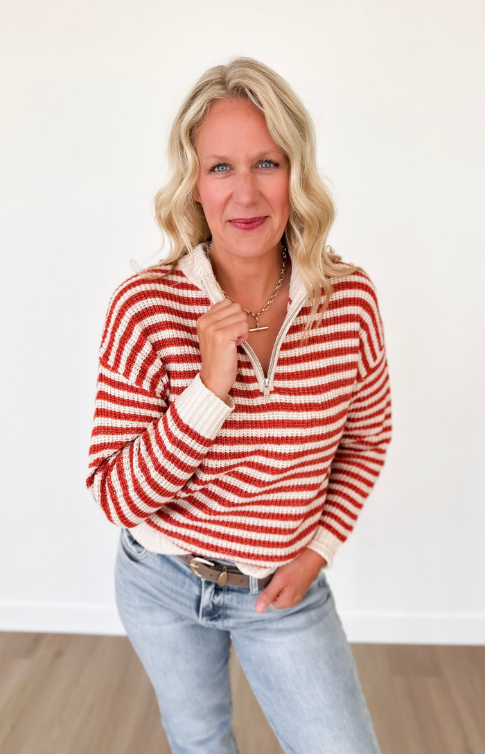 Rust 1/2 Zip Mock Neck Striped Pullover