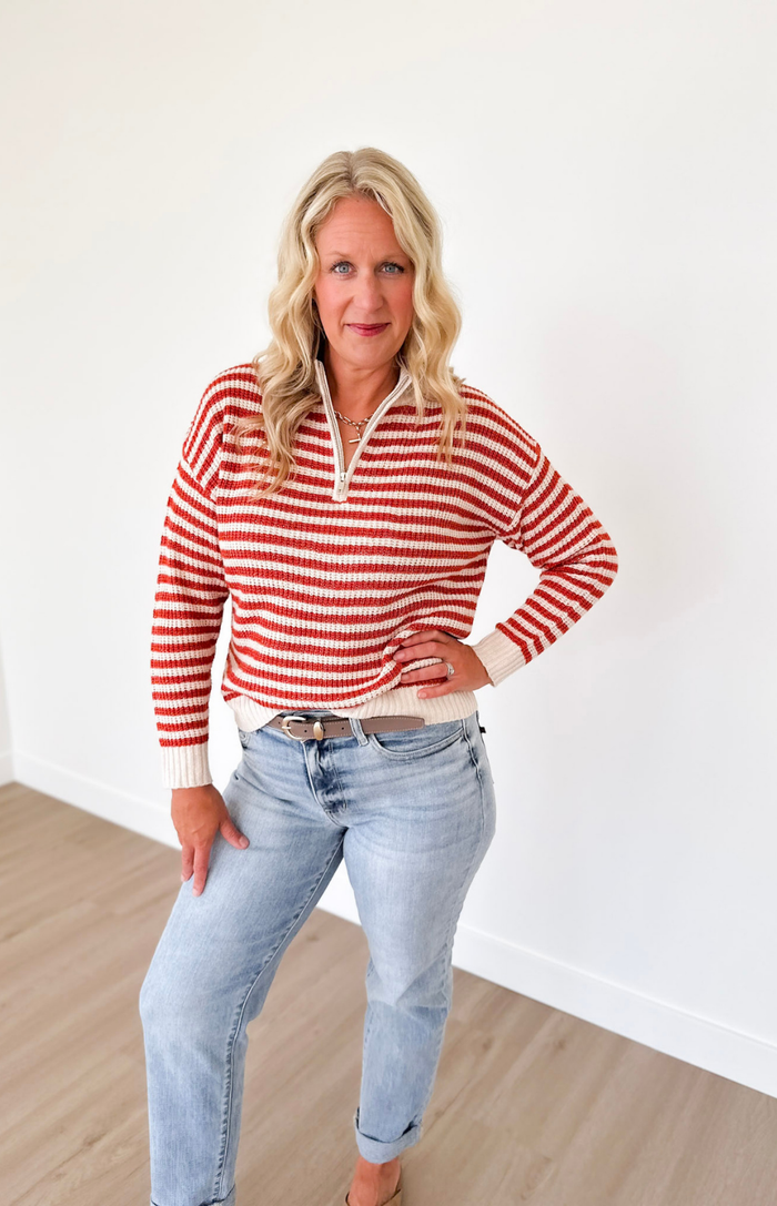 Rust 1/2 Zip Mock Neck Striped Pullover