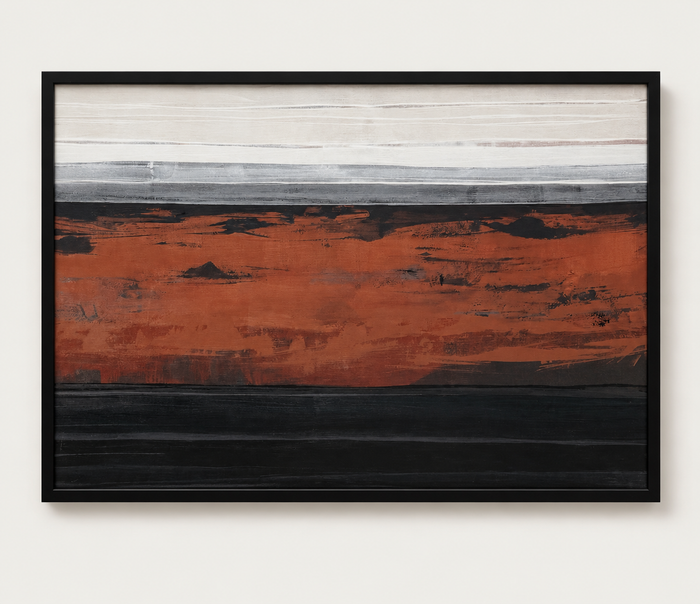 Rust and charcoal horizon abstract canvas in a black frame