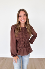 Smocked Mocha Peplum Top