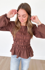 Smocked Mocha Peplum Top
