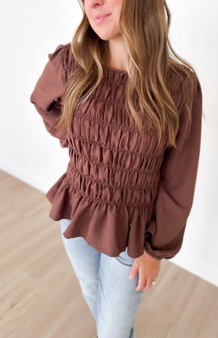 Smocked Mocha Peplum Top