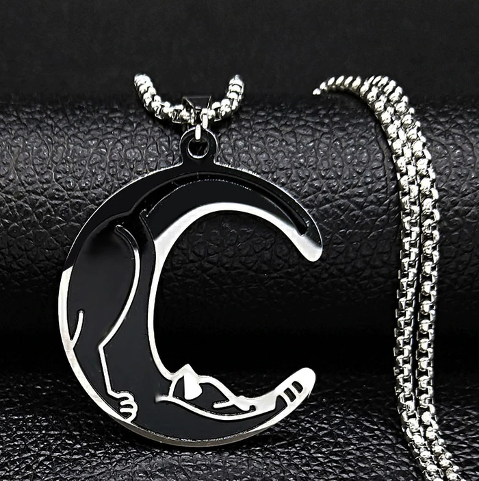 Stainless Steel Moon Cat  Necklace