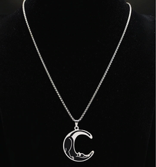 Stainless Steel Moon Cat  Necklace