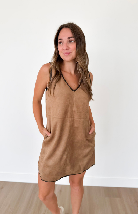 Tan Suede V-Neck Mini Dress