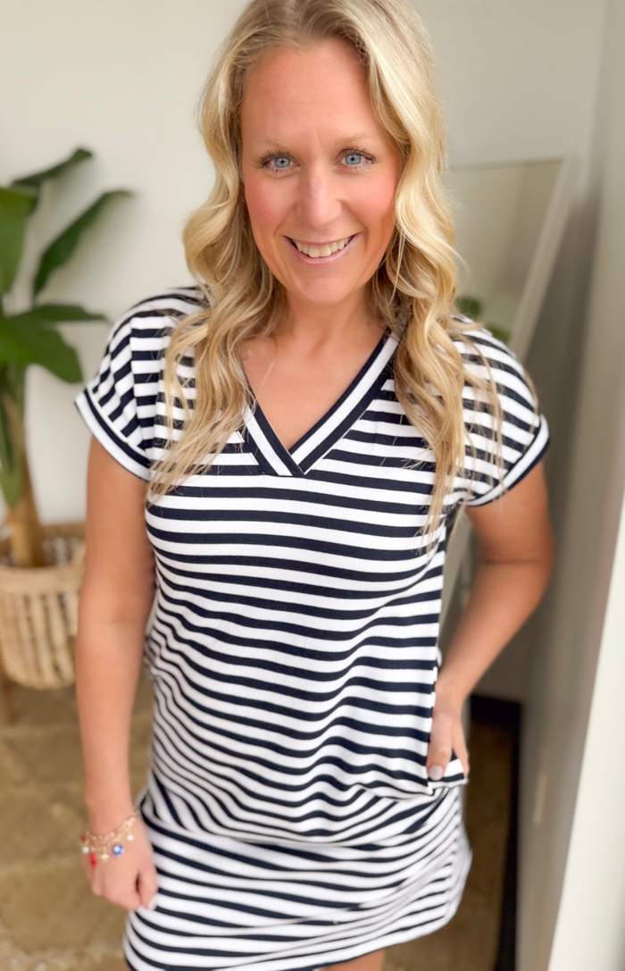 V-Neck Striped Short Sleeve Dress (2 Colors)