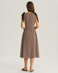 Brown Plaid Boat Neck A-Line Midi Dress