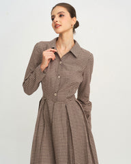 Brown Plaid A-Line Midi Dress