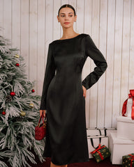Black Satin Boat Neck Backless Midi Dress